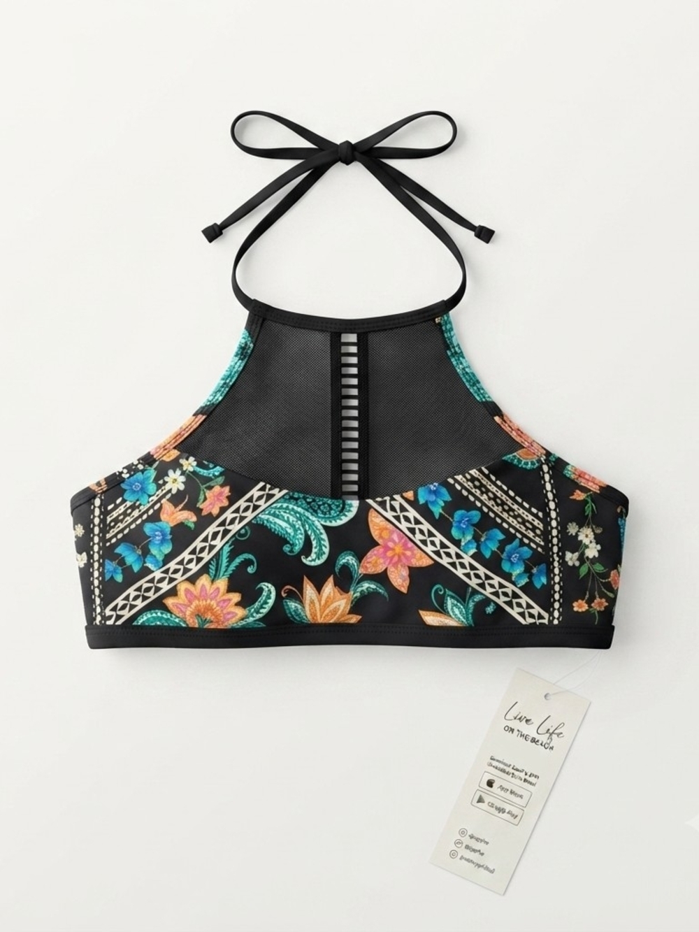 Cupshe Black Paisley Floral Swimwear Top with Teal and Orange Accents XS - Picture 2 of 10